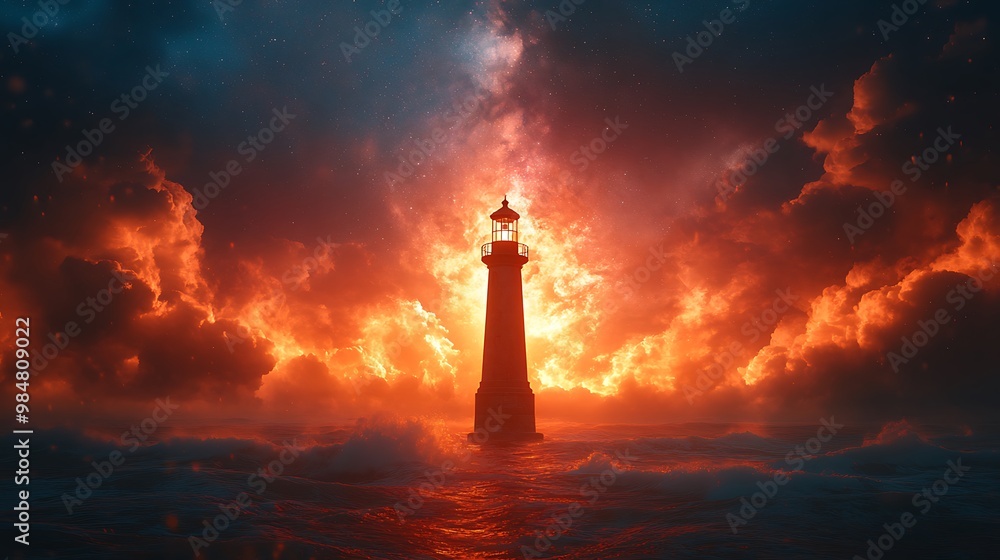 A lone lighthouse stands tall amidst a stormy sky, its light piercing through the dark clouds. A lone lighthouse stands tall amidst a stormy sky, its light piercing through the dark clouds.