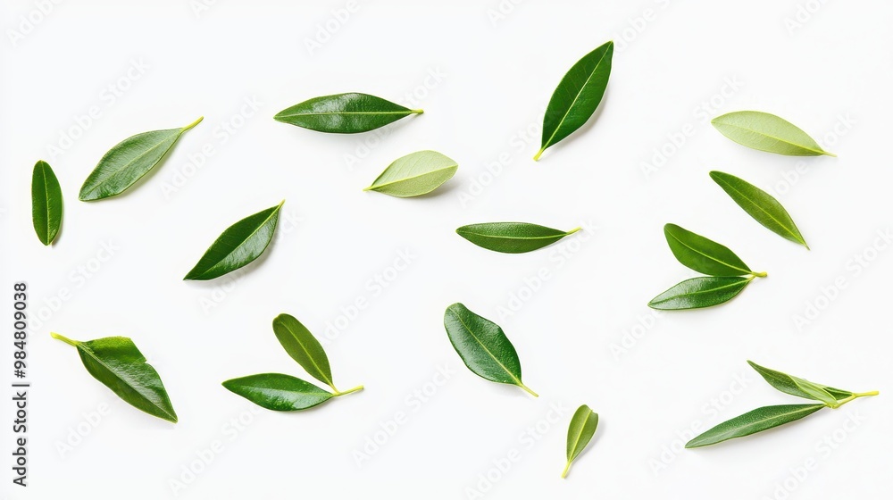 Dynamic close-up of olive leaves in mid-air, falling and isolated on a white background. Dynamic close-up of olive leaves in mid-air, falling and isolated on a white background.
