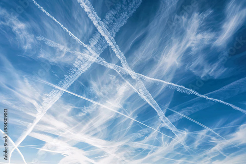 Bright blue sky with condensation trails from airplanes