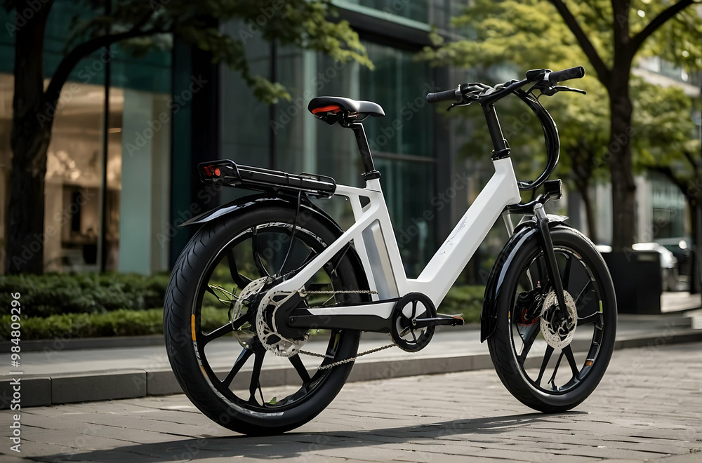 Fototapeta premium A sleek, modern electric bicycle with a white frame and black tires parked on a sidewalk in front of a building. The bike features a step-through design and appears to have a sleek, high-tech appearan