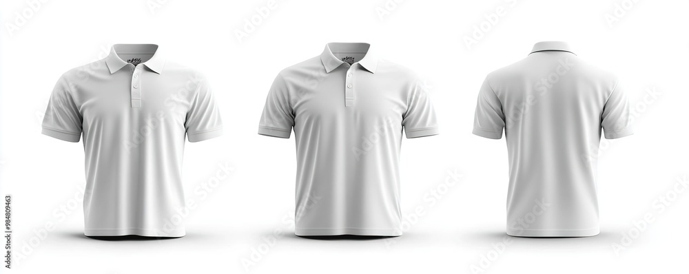 A versatile plain white polo shirt displayed from three angles for clothing design and promotional purposes. A versatile plain white polo shirt displayed from three angles for clothing design and promotional purposes.