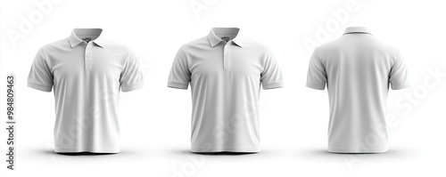 A versatile plain white polo shirt displayed from three angles for clothing design and promotional purposes. photo