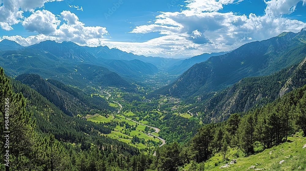 Breathtaking mountain valley landscape with lush greenery, flowing river, and dramatic clouds under a bright blue sky. Breathtaking mountain valley landscape with lush greenery, flowing river, and dramatic clouds under a bright blue sky.