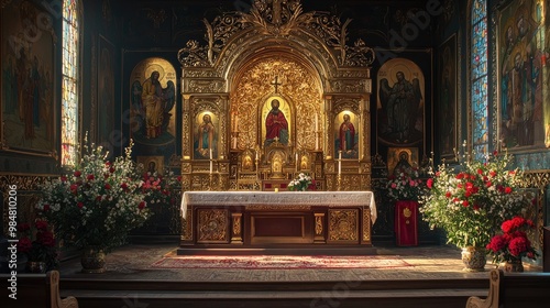 Ornate iconostasis in Orthodox church with gold and icons
