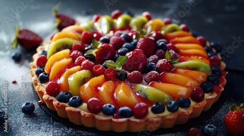 Exquisite fruit tart with a glossy glaze.