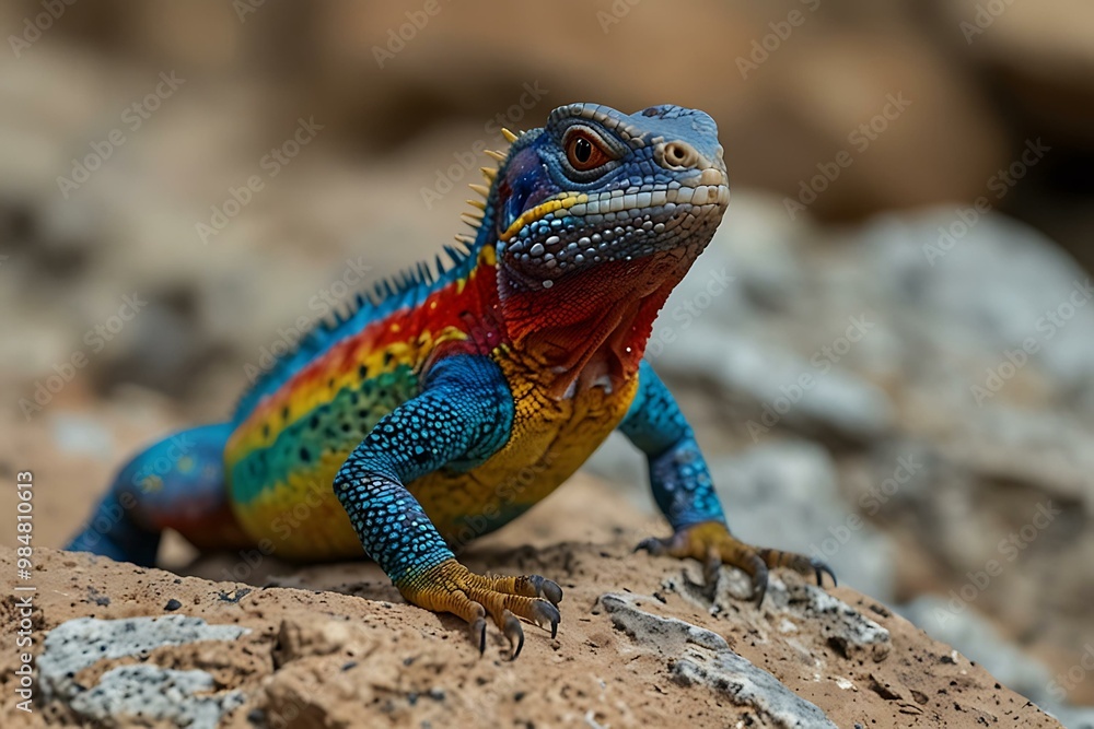 Colorful lizard with blue, yellow, and red markings on a rock. Colorful lizard with blue, yellow, and red markings on a rock.