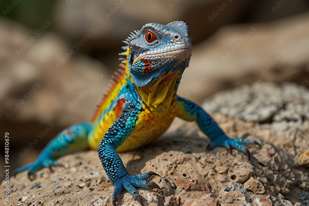 Colorful lizard with blue, yellow, and red markings on a rock. Colorful lizard with blue, yellow, and red markings on a rock.