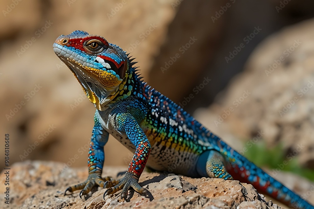 Colorful lizard with blue, yellow, and red markings on a rock. Colorful lizard with blue, yellow, and red markings on a rock.