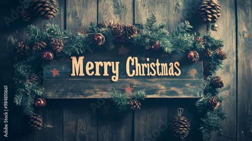 With pine branches and snowflakes adorning the wooden sign, it wishes everyone a Merry Christmas in a cozy setting photo