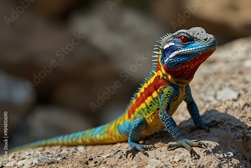 Colorful lizard with blue, yellow, and red markings on a rock. photo