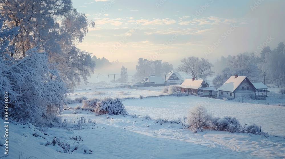 Frosty morning with a blanket of snow over a quiet village. Frosty morning with a blanket of snow over a quiet village.