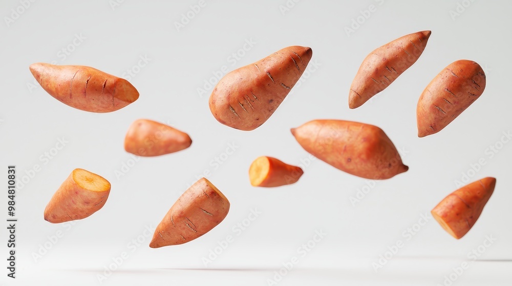 Dynamic close-up of sweet potato slices falling in mid-air, isolated on a white background. Dynamic close-up of sweet potato slices falling in mid-air, isolated on a white background.