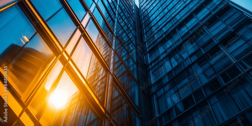 A low-angle view of a modern glass building with the warm colors of a sunset reflecting on its surface. A low-angle view of a modern glass building with the warm colors of a sunset reflecting on its surface.