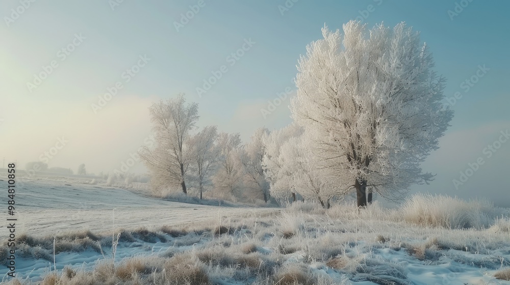 Frosty trees in a winter landscape. Frosty trees in a winter landscape.