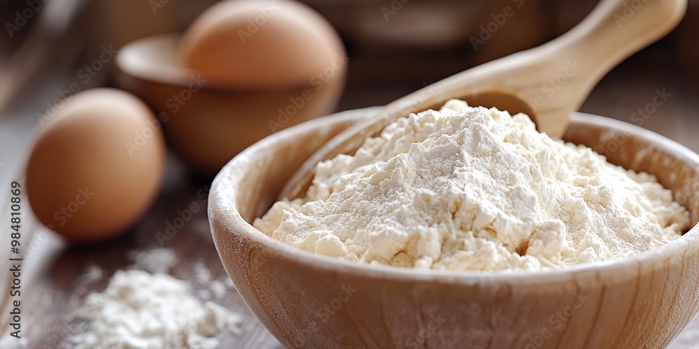 A rustic wooden bowl filled with flour, accompanied by two brown eggs on a wooden table, signifying baking ingredients. A rustic wooden bowl filled with flour, accompanied by two brown eggs on a wooden table, signifying baking ingredients.