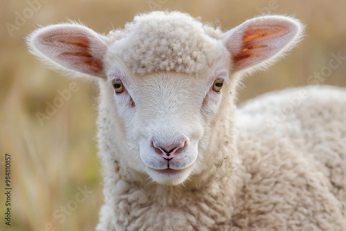 A cute and curious lamb stares directly at the camera, showcasing its fluffy wool and gentle expression in a field.