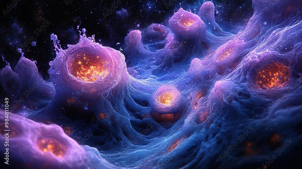 An abstract view of cosmic cells illuminated with vibrant colors, representing the intersection of science and art in a surreal space. An abstract view of cosmic cells illuminated with vibrant colors, representing the intersection of science and art in a surreal space.
