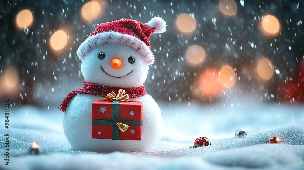 Cheerful snowman with a red hat and scarf, holding a gift surrounded by falling snow and festive lights - perfect for Christmas. Cheerful snowman with a red hat and scarf, holding a gift surrounded by falling snow and festive lights - perfect for Christmas.