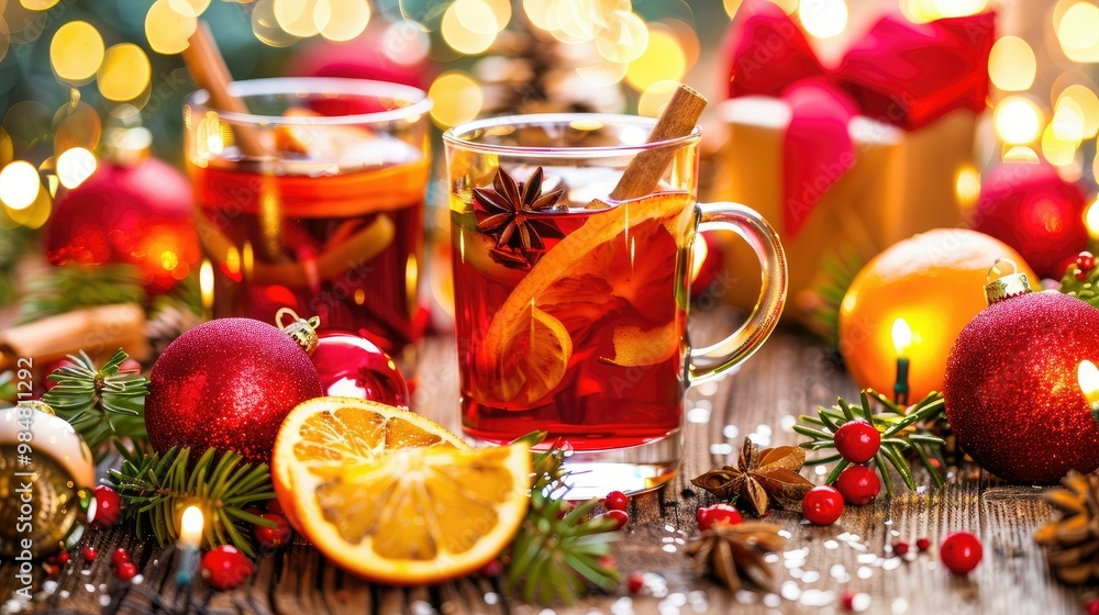 mulled wine with oranges and holly in a glass cup mulled wine with oranges and holly in a glass cup