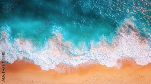 A vibrant aerial view of a turquoise ocean meeting a sandy beach, capturing the beauty of nature and tranquility.