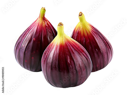 Trio of figs, three ripe figs showcasing their deep purple skin and hints of yellow near the stems, isolated on a transparent background