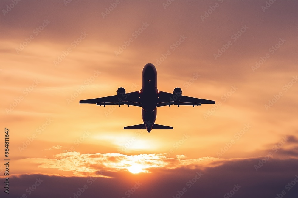 A striking image of an airplane soaring through the sky with a backdrop of a colorful sunset, highlighting travel and adventure. A striking image of an airplane soaring through the sky with a backdrop of a colorful sunset, highlighting travel and adventure.