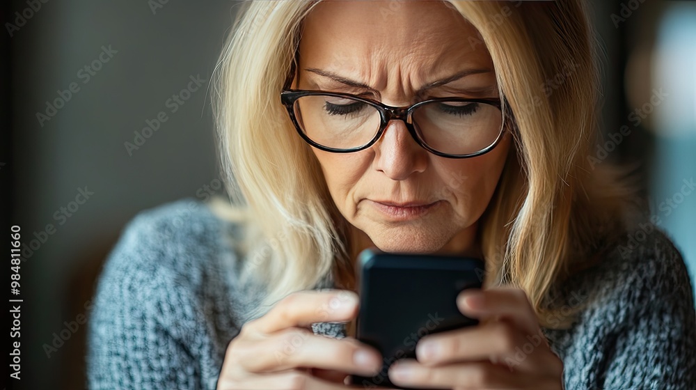 A close-up of a middle-aged woman adjusting her glasses while trying to read text on a mobile phone, showing visible signs of farsightedness and difficulty, with a simple studio backdrop. A close-up of a middle-aged woman adjusting her glasses while trying to read text on a mobile phone, showing visible signs of farsightedness and difficulty, with a simple studio backdrop.