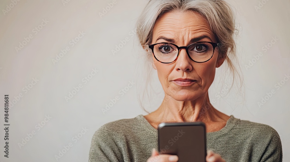 A close-up of a middle-aged woman with glasses in hand, attempting to read her phone screen, showing signs of frustration from presbyopia, set against a clean, neutral studio backdrop. A close-up of a middle-aged woman with glasses in hand, attempting to read her phone screen, showing signs of frustration from presbyopia, set against a clean, neutral studio backdrop.