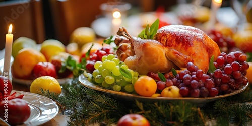 A festive display of a beautifully roasted turkey surrounded by a variety of fresh fruits on a decorated table. photo