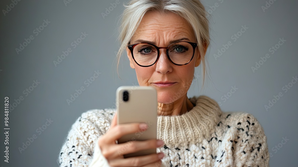 A middle-aged woman holding reading glasses, squinting at a mobile phone screen in frustration, struggling to see clearly, with a neutral studio background highlighting her struggle with presbyopia. A middle-aged woman holding reading glasses, squinting at a mobile phone screen in frustration, struggling to see clearly, with a neutral studio background highlighting her struggle with presbyopia.