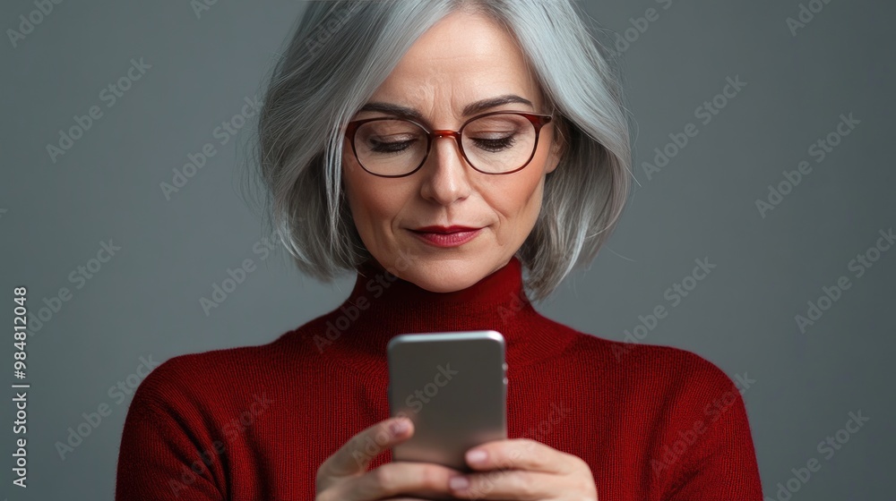 A middle-aged woman with reading glasses, holding a mobile phone close to her eyes in an attempt to read, demonstrating the effects of farsightedness, with a clean studio background. A middle-aged woman with reading glasses, holding a mobile phone close to her eyes in an attempt to read, demonstrating the effects of farsightedness, with a clean studio background.