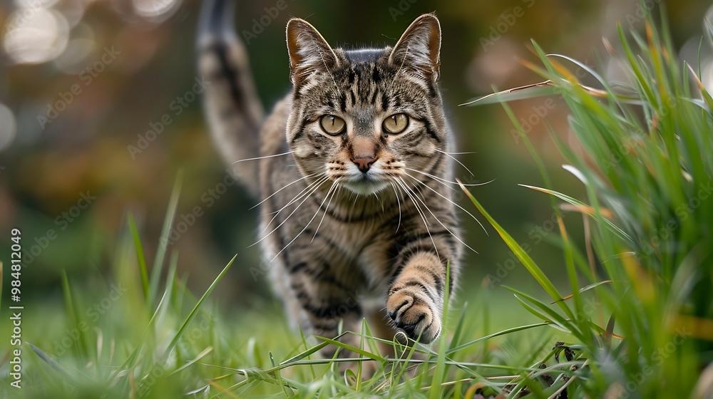 A cat frozen mid-motion, focused and ready to pounce, grass blades bending beneath its paws A cat frozen mid-motion, focused and ready to pounce, grass blades bending beneath its paws