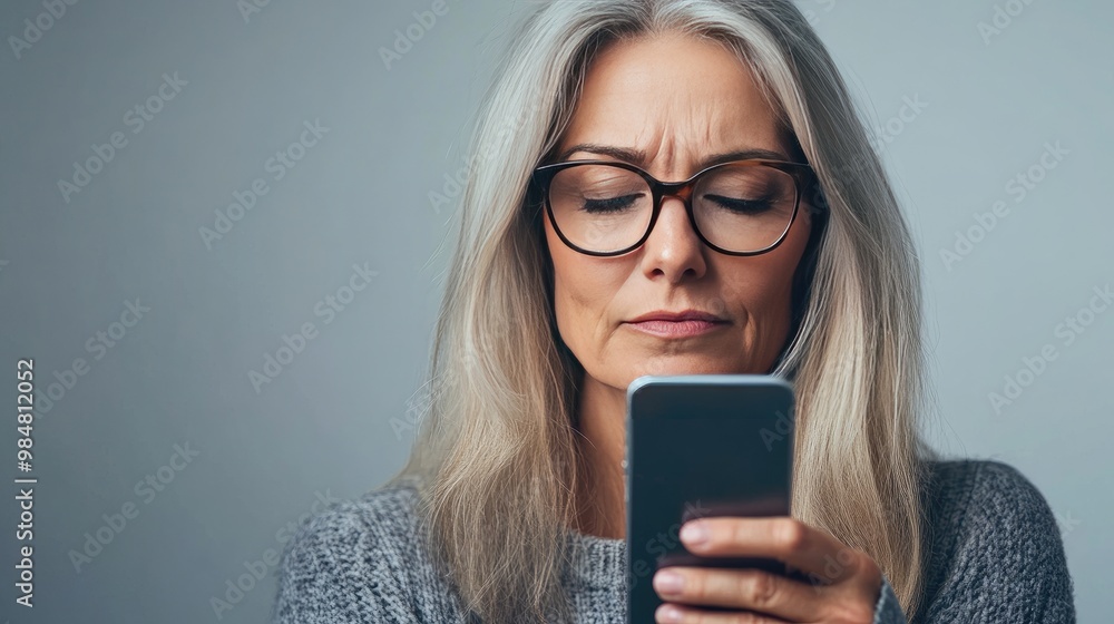 A middle-aged woman with reading glasses, holding a mobile phone close to her eyes in an attempt to read, demonstrating the effects of farsightedness, with a clean studio background. A middle-aged woman with reading glasses, holding a mobile phone close to her eyes in an attempt to read, demonstrating the effects of farsightedness, with a clean studio background.