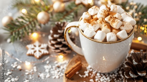 A mug of hot chocolate with marshmallows and cinnamon on top