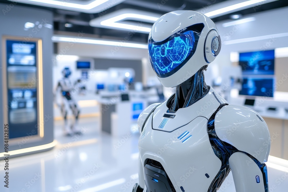 Futuristic lab setting, with a clean design showcasing cutting-edge tech like holograms and robotics Futuristic lab setting, with a clean design showcasing cutting-edge tech like holograms and robotics