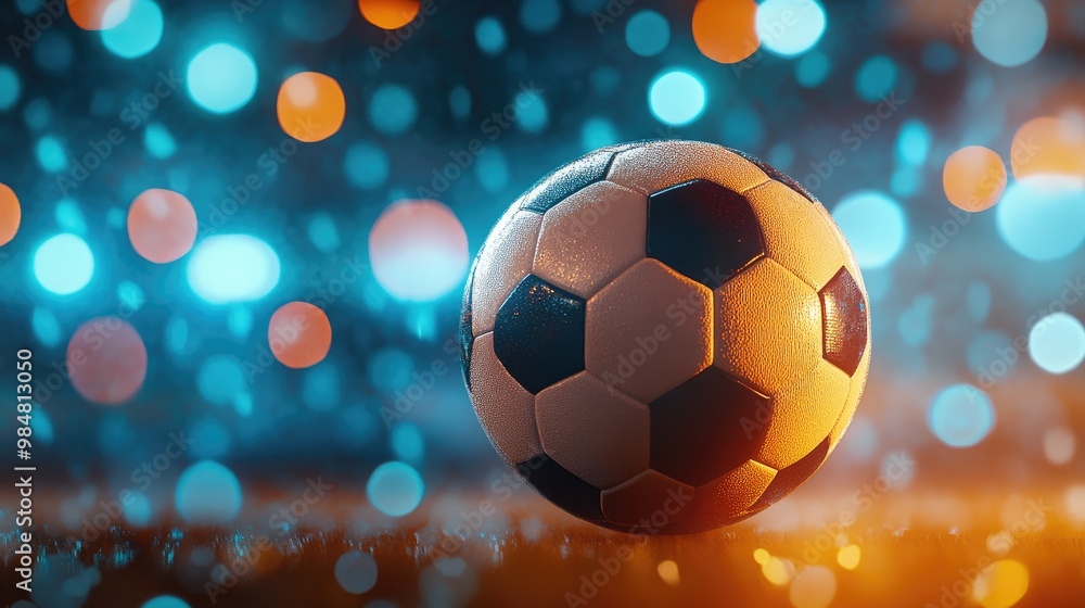 Naklejka premium Abstract composition of a soccer ball against a backdrop of blurred stadium lights, capturing the essence of nighttime matches.