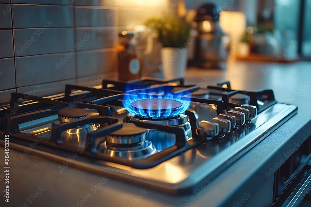 Closeup of a gas stovetop burner with a blue flame burning. Closeup of a gas stovetop burner with a blue flame burning.