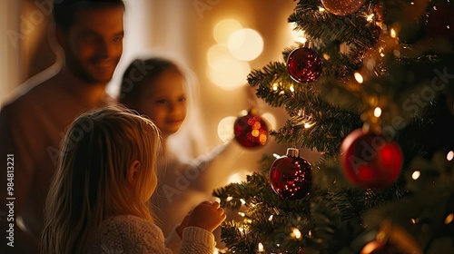 A family decorating their Christmas tree with lights, ornaments, and tinsel, while holiday music plays softly in the background.