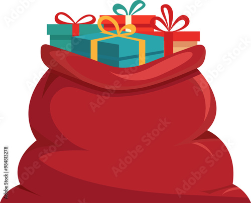 Santa Claus red sack with traditional christmas gift boxes isolated on white background. Merry Christmas greeting card, creative flat design, hand drawn logo. Santa's full bag, large sack.