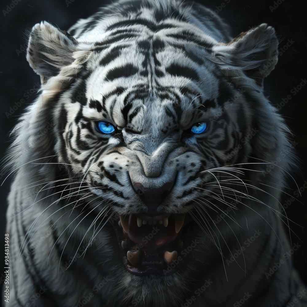 Obraz premium Intense and Captivating Blue Eyed Tiger Roaring Fiercely in the Dark Jungle Environment