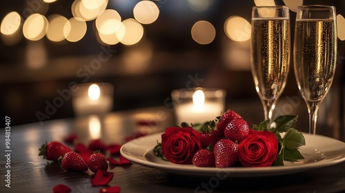 A romantic setup featuring champagne, strawberries, and roses, perfect for a special celebration or intimate dinner.