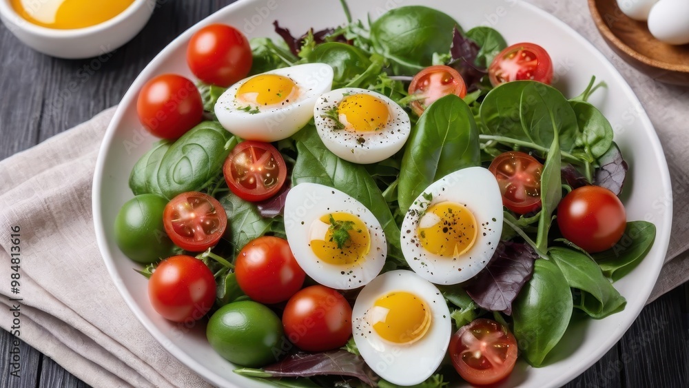A fresh salad featuring greens, cherry tomatoes, and halved boiled eggs, garnished with herbs. A fresh salad featuring greens, cherry tomatoes, and halved boiled eggs, garnished with herbs.