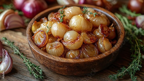 A rustic bowl of caramelized onions garnished with fresh thyme, perfect for enhancing various culinary dishes.