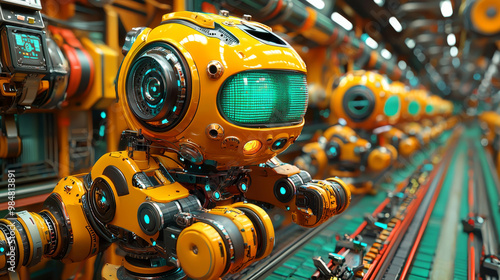 A close-up of a futuristic, yellow robot with glowing blue eyes.