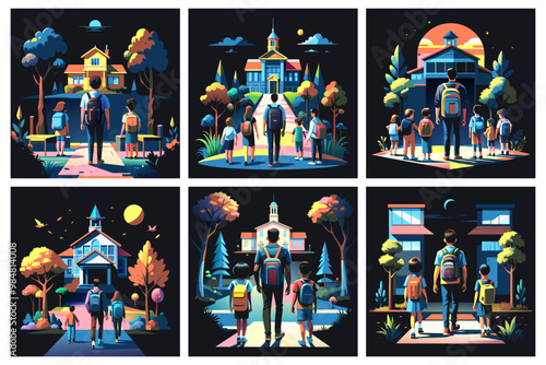 Set of illustrations on the school theme with a student and a backpack.