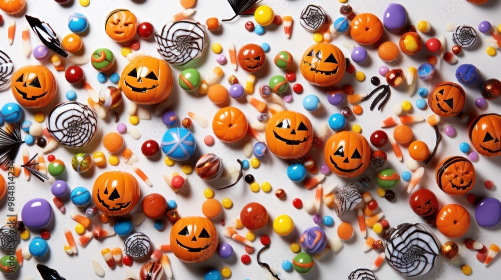 Halloween Candy Scattered on a White Surface Halloween Candy Scattered on a White Surface