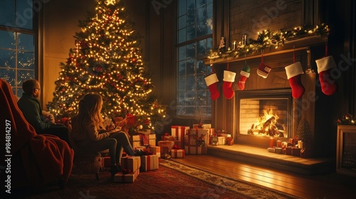 A family enjoying a cozy evening by the fireplace, exchanging Christmas gifts under a glowing tree with stockings hung above.