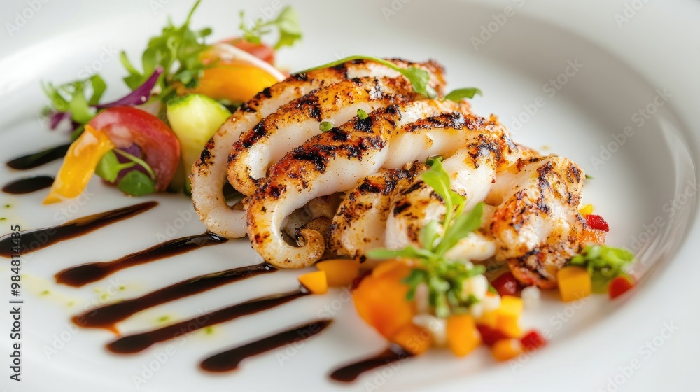 A beautifully plated dish of grilled squid with a side of colorful vegetables and a drizzle of tangy sauce, arranged artistically on a modern, white plate. A beautifully plated dish of grilled squid with a side of colorful vegetables and a drizzle of tangy sauce, arranged artistically on a modern, white plate.