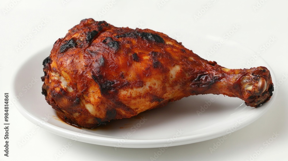 A beautifully roasted Tandoori chicken leg, with a rich, reddish-brown crust, placed on a white plate against a clean white background. A beautifully roasted Tandoori chicken leg, with a rich, reddish-brown crust, placed on a white plate against a clean white background.