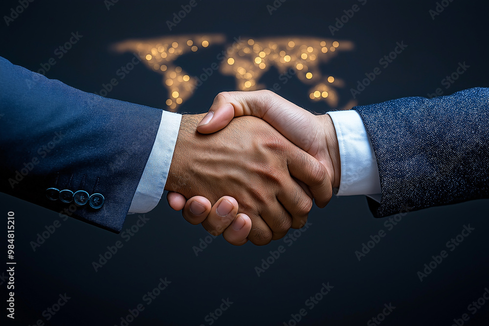 A business handshake symbolizes partnership and collaboration in global context, with blurred world map in background, highlighting international connections A business handshake symbolizes partnership and collaboration in global context, with blurred world map in background, highlighting international connections